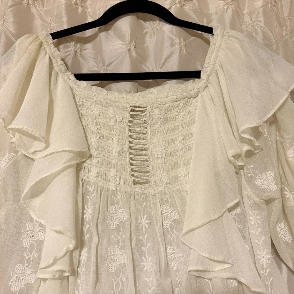 Free People Cream Lace Peasant Blouse with Ruffled Shoulders